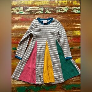 Hanna Andersson Gray Stripe Dress with Teal, Mustard, and Pink Panels
